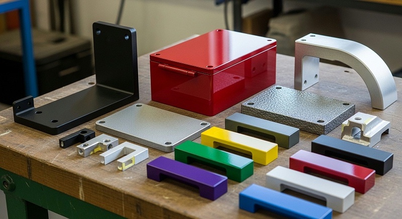 Custom CNC parts, diverse powder coat finishes.