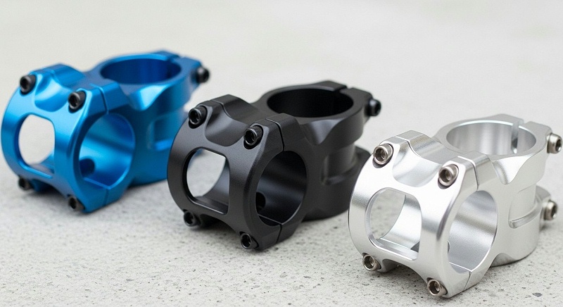 Three identical CNC machined bicycle stems, showcasing vibrant blue anodized, matte black hard anodized, and polished natural aluminum finishes, e