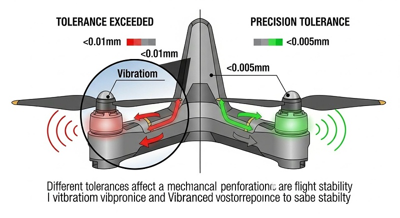 一张清晰的矢量图（infographic），展示无人机零件（例如螺旋桨基座或关节连接器）的局部放大示意图。图示通过颜色编码或箭头明确标注不同公差等级（如±0.01mm, ±0.005mm）对力学性能和振动响应的影响。左侧为“公差超限”，配有红色警示和模拟的振动波纹；右侧为“精密公差”，配有绿