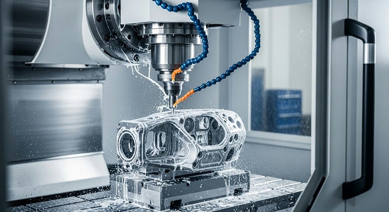 展示一台现代化的五轴或七轴CNC加工中心正在加工一个复杂的无人机金属零件。机床的刀具正在高速切削，切削液飞溅，显示出动态感。零件可以是无人机的机身连接件或精密的传感器外壳，展现其复杂曲面和精密结构。