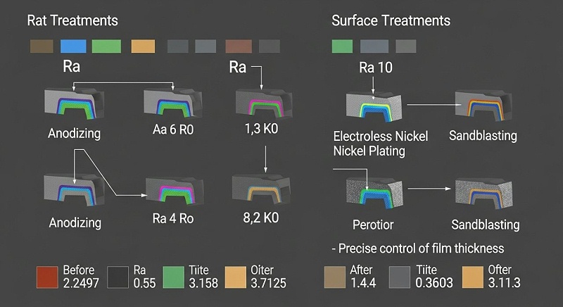 ，对比不同表面处理（如阳极氧化、化学镀镍、喷砂）对无人机零件表面粗糙度Ra值和尺寸公差的影响。图示包含小尺度的零件横截面示意图，用不同颜色或纹理表示处理层，并配有处理前后Ra值和公差变化的数值。强调“精密控制膜层厚度”的重要性。