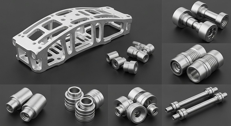 无人机高精度CNC加工零件的产品合集图片。画面中展示多种不同材料和功能的无人机金属零件，如航空级铝合金机身骨架、钛合金连接器、不锈钢传动轴等。每个零件都经过精细加工，表面光洁，细节清晰，强调其精密性和高品质。