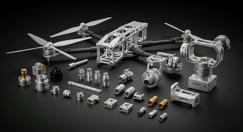 无人机零件产品系列展示图，可以是无人机螺旋桨、机身骨架、连接器、云台等多种CNC加工的精密部件的精美摆拍。画面强调金属的质感和加工的精细度，展示维多利亚老品牌vic119加工的多样化产品能力。