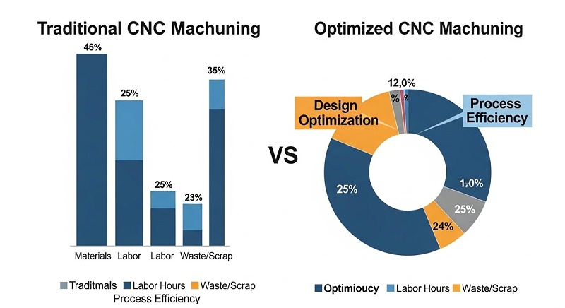 信息图表，对比传统CNC加工成本结构与优化后的成本结构。传统结构中材料、工时、损耗占比高，优化后则显著降低，并突出设计优化和工艺效率的重要性。使用清晰的饼状图或条形图。