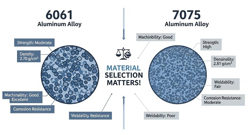 6061铝合金与7075铝合金）的微观结构对比，并配以文字说明其强度、密度和加工性能差异，强调选择合适材料的重要性。