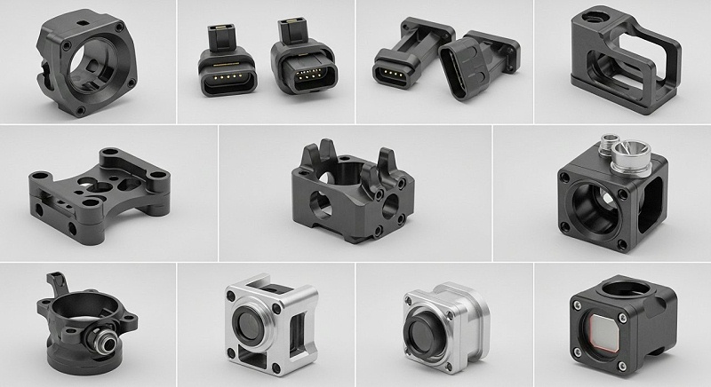 无人机精密零件的产品合集图片，展示各种复杂结构的CNC加工无人机部件，如电机座、连接件、传感器外壳等，强调高精度和多样性。