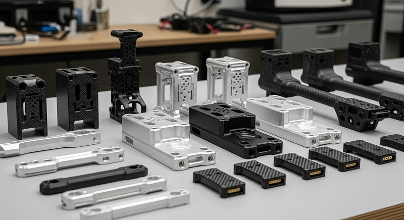 无人机零件产品合集图，展示不同类型和用途的CNC加工无人机零件，如无人机机臂、云台支架、电池仓盖等，突出我们全面的加工能力。