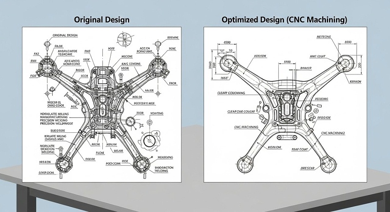 左侧是客户原始的无人机部件设计图纸（复杂且加工难度大），右侧是维多利亚老品牌vic119cnc加工优化后的设计图纸（结构简化但功能不变），清晰展示设计优化的效果。
